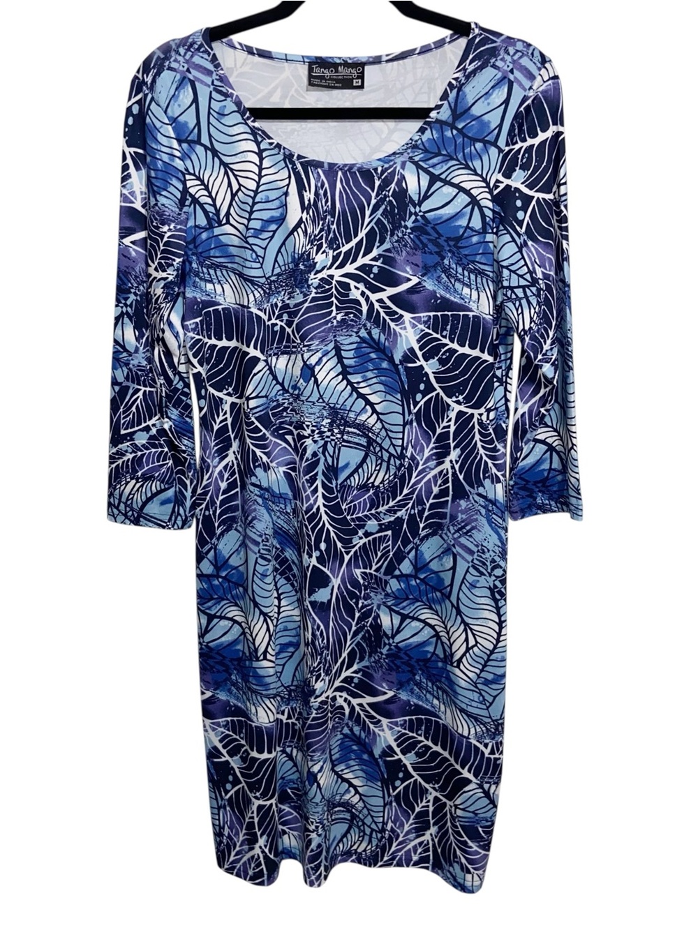 Tango Mango Dress Womens Medium Stretch Tropical Boho Resortwear Vacation Blue